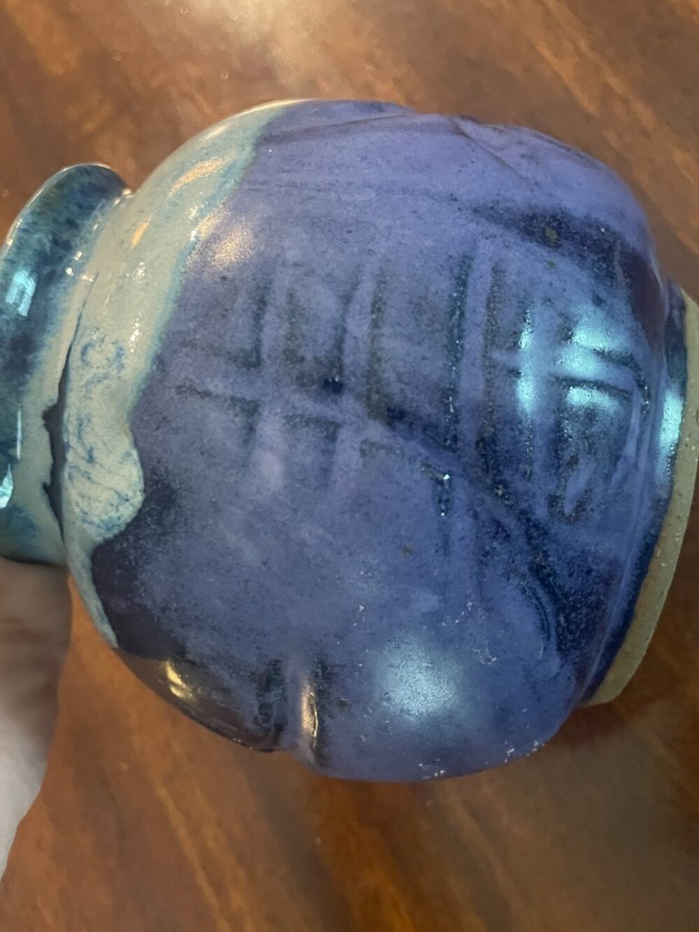 Handmade Blue Glaze Pottery Vase Starfish & Chinese Symbols 5" x 3" Signed - Picture 4 of 7